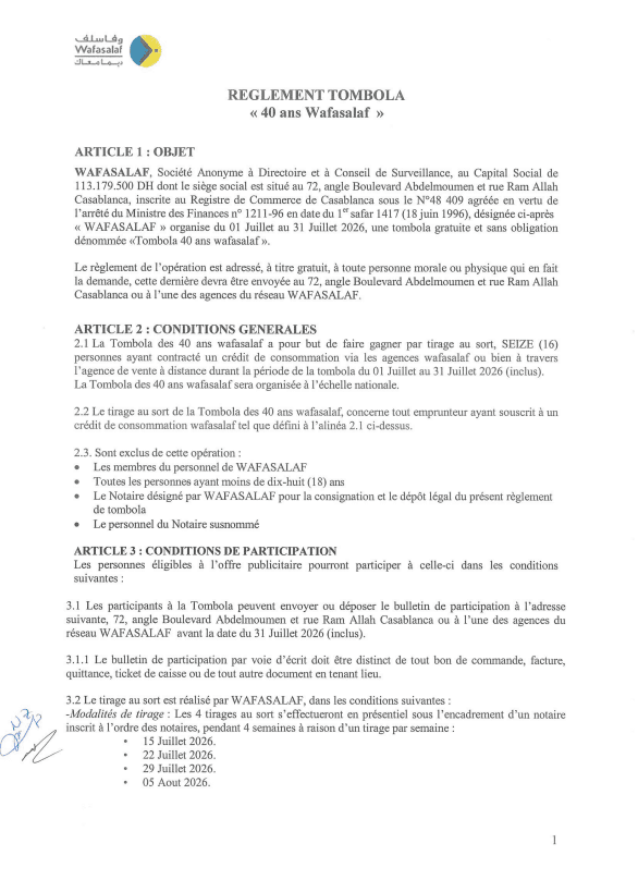 REGLEMENT TOMBOLA 40 ans WAFASALAF