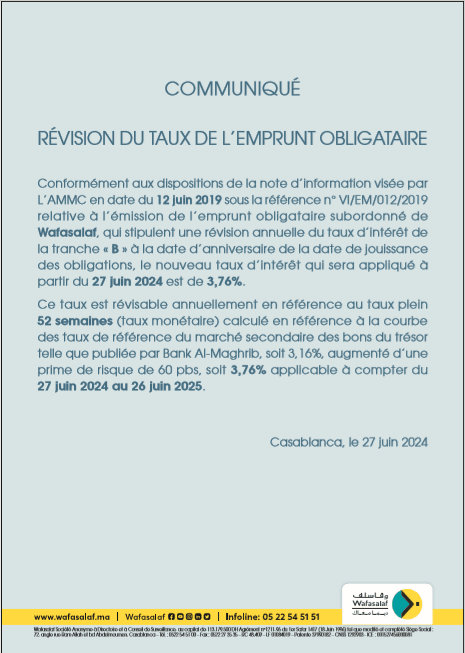 Communiqué relatif à la révision du taux de l’emprunt obligataire