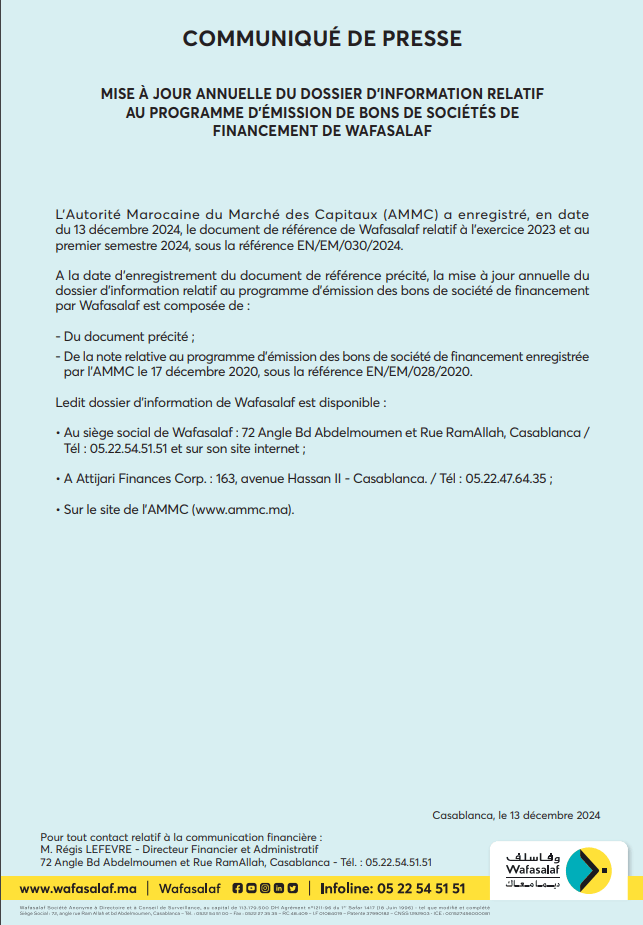 Mise à jour annuelle du dossier d’information relatif au programme d’émission de Bons de Sociétés de Financement de Wafasalaf