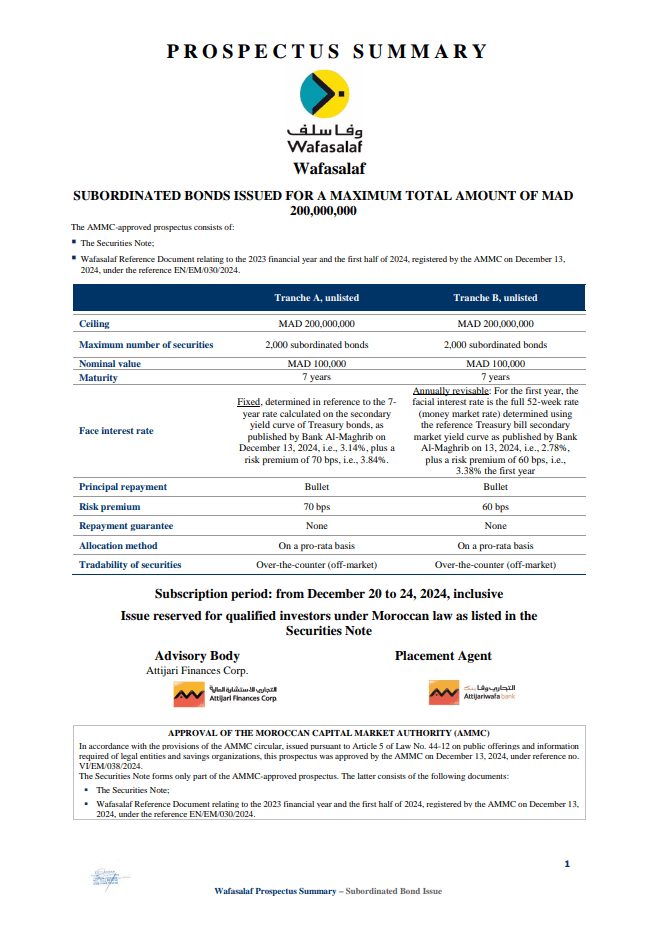 PROSPECTUS SUMMARY- SUBORDINATED BONDS ISSUED