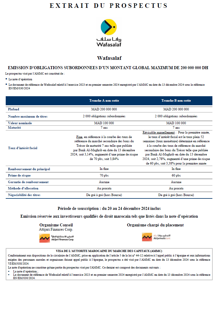 EXTRAIT DU PROSPECTUS Relatif à l'émission de l’emprunt obligataire subordonné