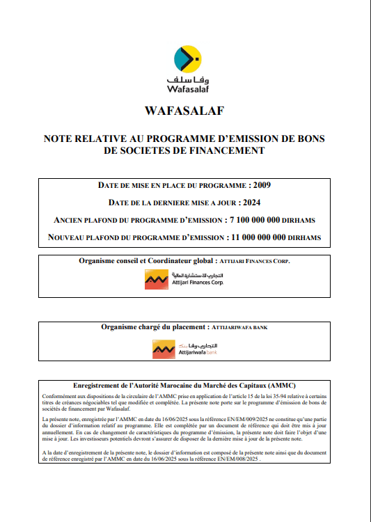 NOTE RELATIVE AU PROGRAMME D’EMISSION DE BONS DE SOCIETES DE FINANCEMENT