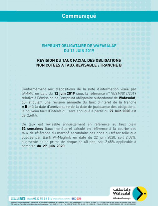 EMPRUNT OBLIGATAIRE DE WAFASALAF DU 12 JUIN 2019