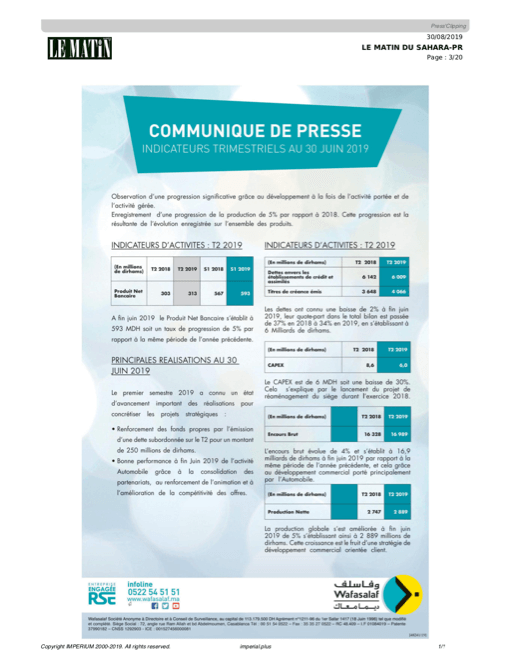 Indicateurs trimestriels financiers T2 2019 au 30-06-2019