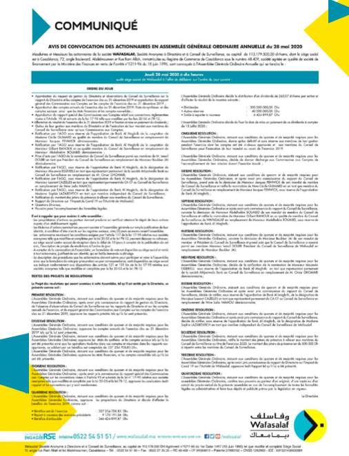 Avis de convocation des actionnaires en assemblée générale ordinaire annuelle du 28 mai 2020
