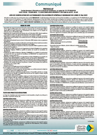 AVIS DE CONVOCATION DES ACTIONNAIRES EN ASSEMBLÉE GÉNÉRALE ORDINAIRE DU LUNDI 31 Mai 2021