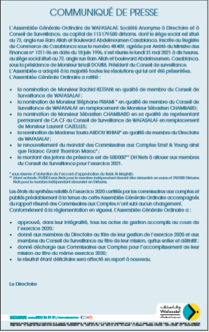 Avis de convocation des actionnaires en assemblée générale ordinaire du 31 MAI 2021