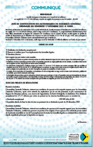 Avis de convocation de l'AGO du 17 décembre 2021