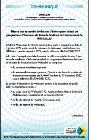 Mise à jour annuelle du dossier d’information relatif au programme d’émission de Bons de Sociétés de Financement de WAFASALAF