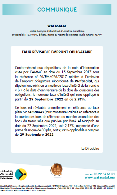 Communiqué relatif à la révision de taux de l’emprunt obligataire subordonné