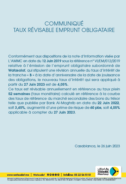 COMMUNIQUÉ TAUX RÉVISABLE EMPRUNT OBLIGATAIRE