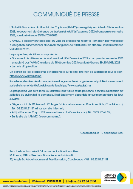 Communiqué de presse relatif à l’émission obligataire subordonnée de Wafasalaf d’un montant de 250 000 000 dirhams