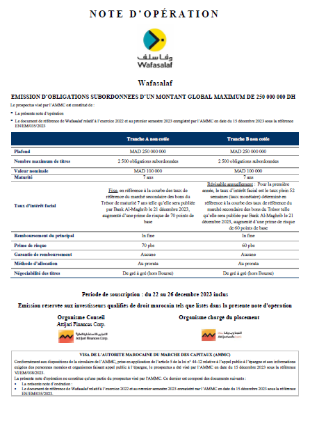 Note d’opération émission d’obligations subordonnées WAFASALAF