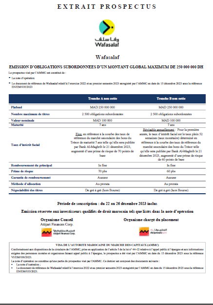 Extrait prospectus relatif à l'émission d'obligations subordonnées WAFASALAF