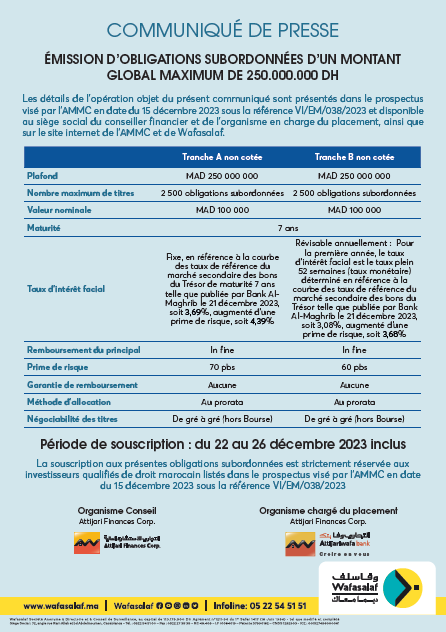 COMMUNIQUE DE PRESSE RELATIF A L’EMISSION D’OBLIGATIONS SUBORDONEES DE WAFASALAF