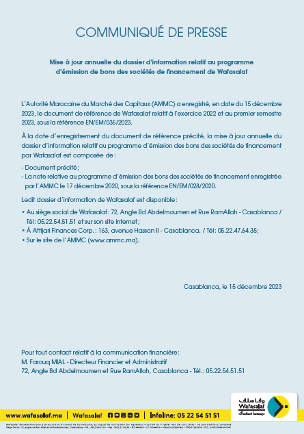 Mise à jour annuelle du dossier d’information relatif au programme d’émission de Bons de Sociétés de Financement de Wafasalaf 