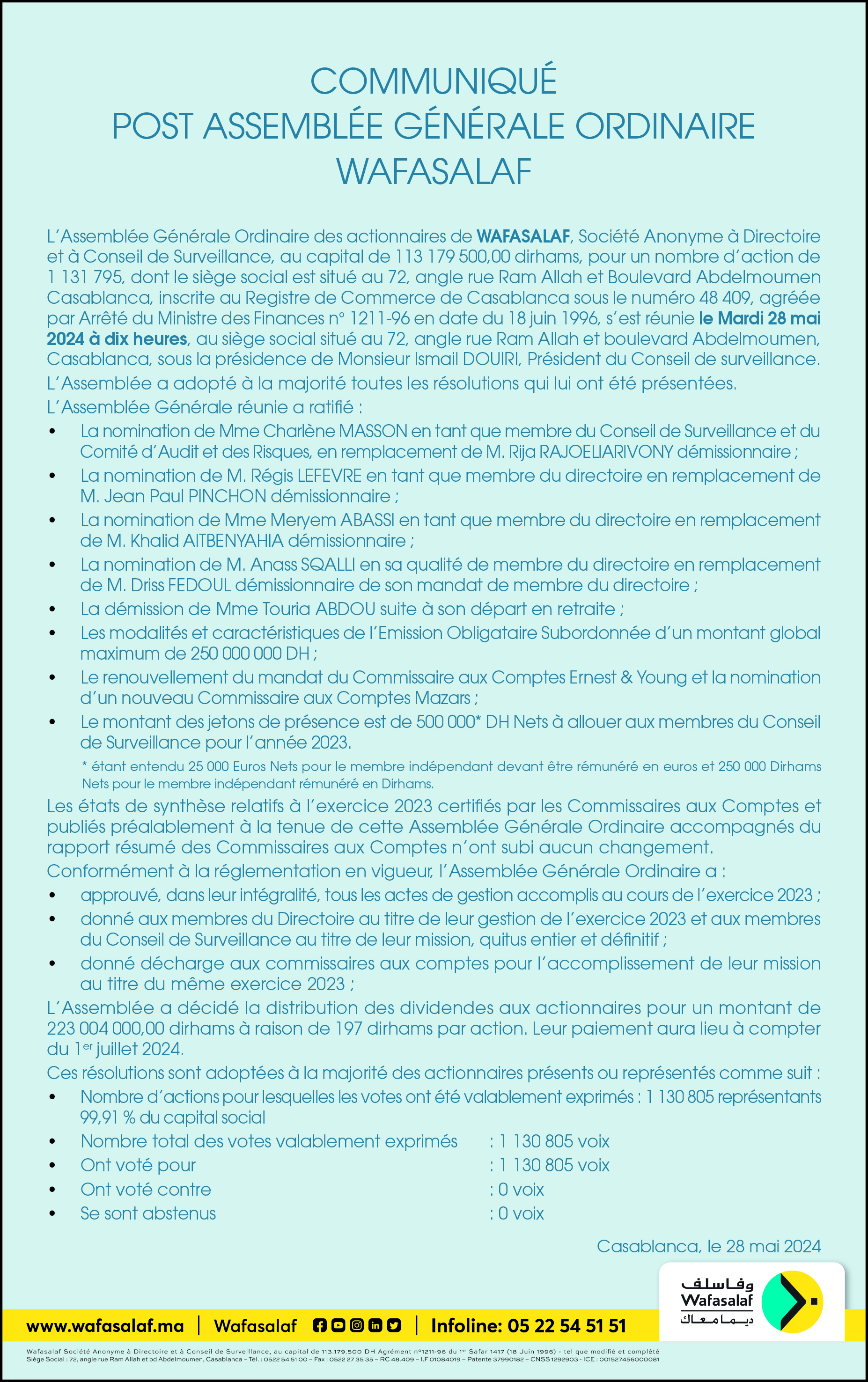 Communiqué Post AGO du 28 mai 2024