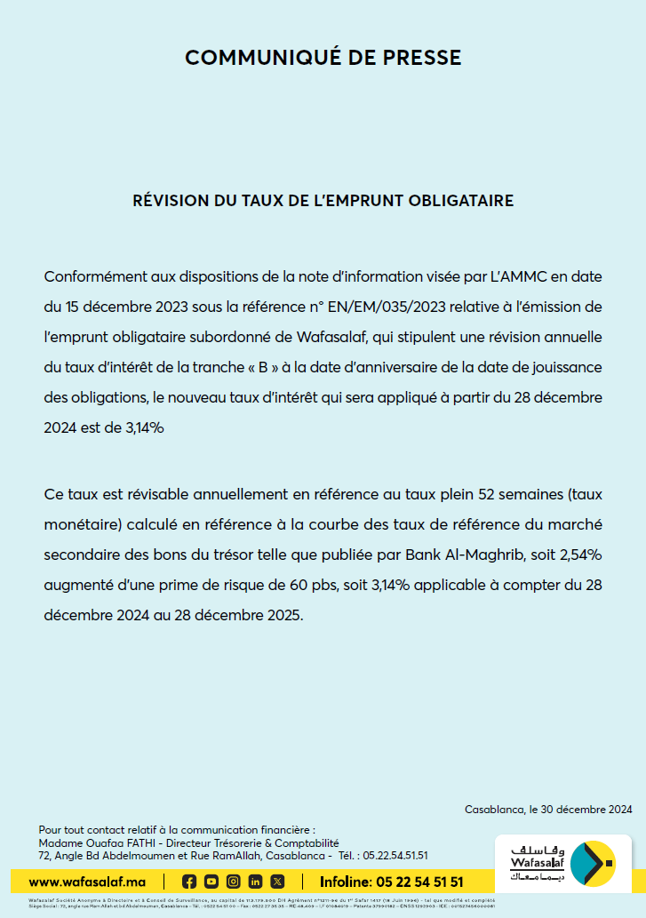 REVISION DU TAUX DE L’EMPRUNT OBLIGATAIRE 