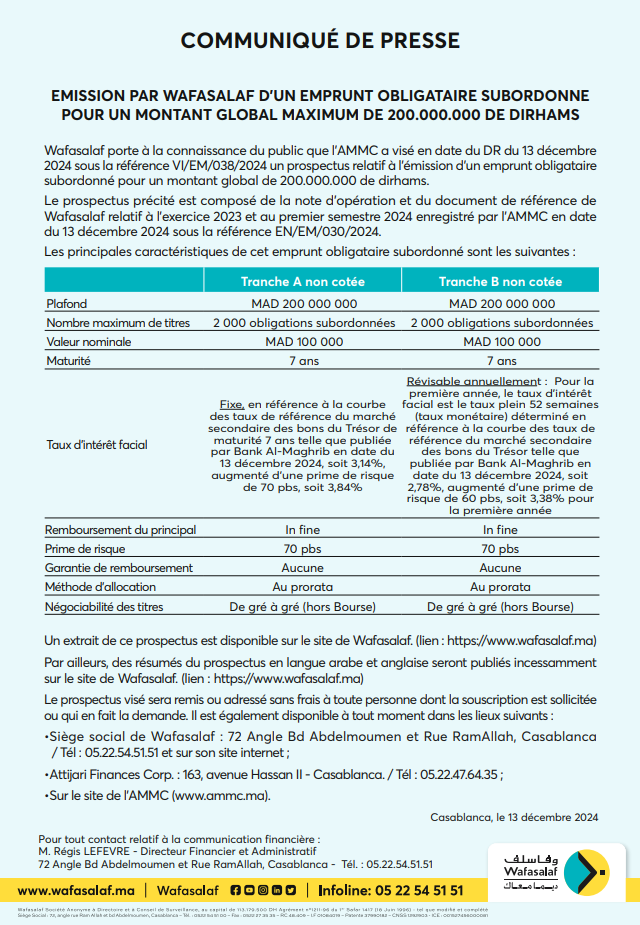 Communiqué de presse relatif à l’EMISSION DE L’EMPRUNT OBLIGATAIRE SUBORDONNE DE WAFASALAF 