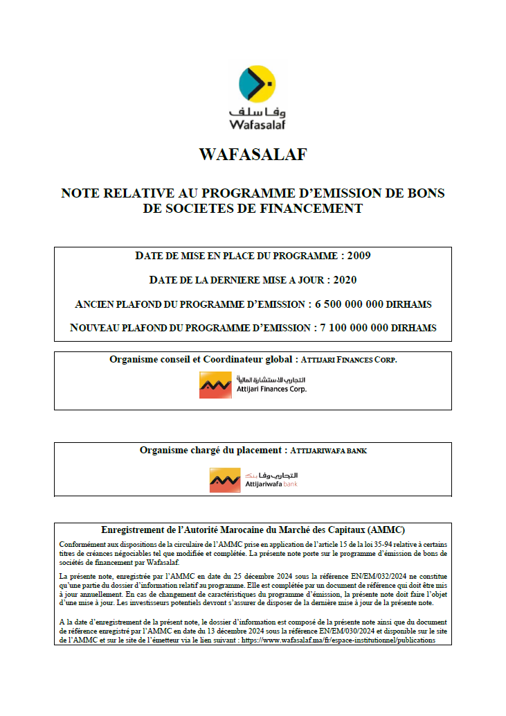 NOTE RELATIVE AU PROGRAMME D’EMISSION DE BONS DE SOCIETES DE FINANCEMENT
