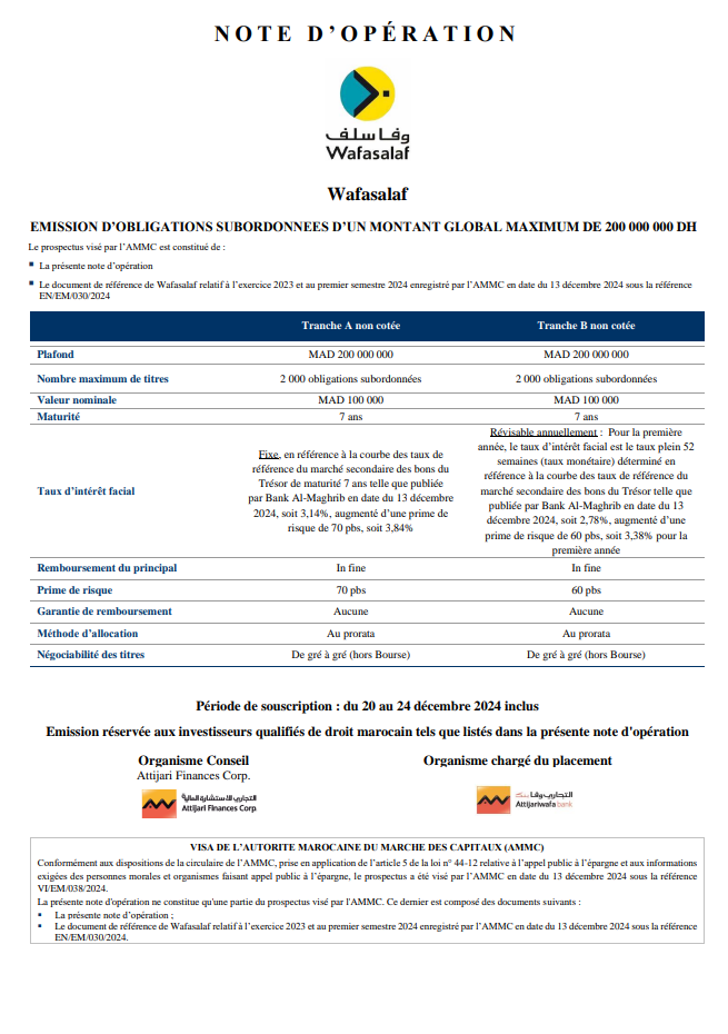 NOTE D’OPERATION RELATIF A L’EMISSION D’OBLIGATIONS SUBORDONNEES DE WAFASALAF