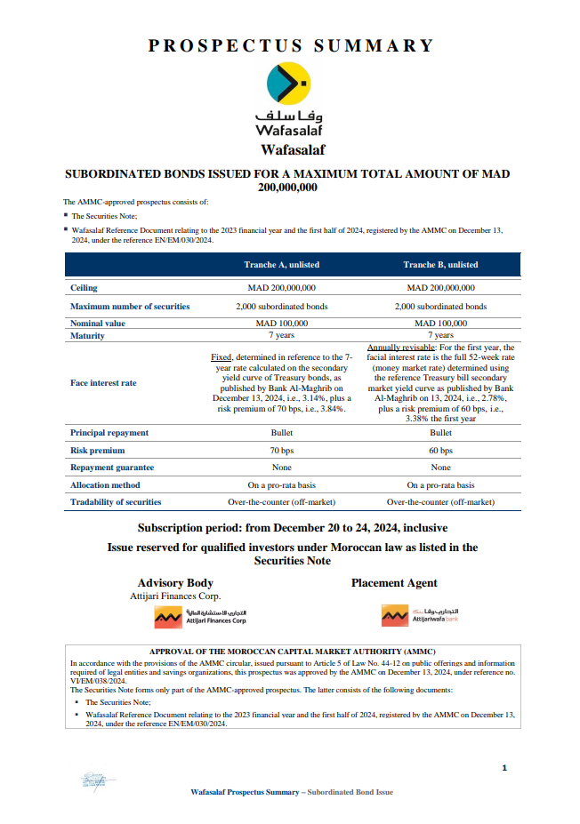 PROSPECTUS SUMMARY- SUBORDINATED BONDS ISSUED 