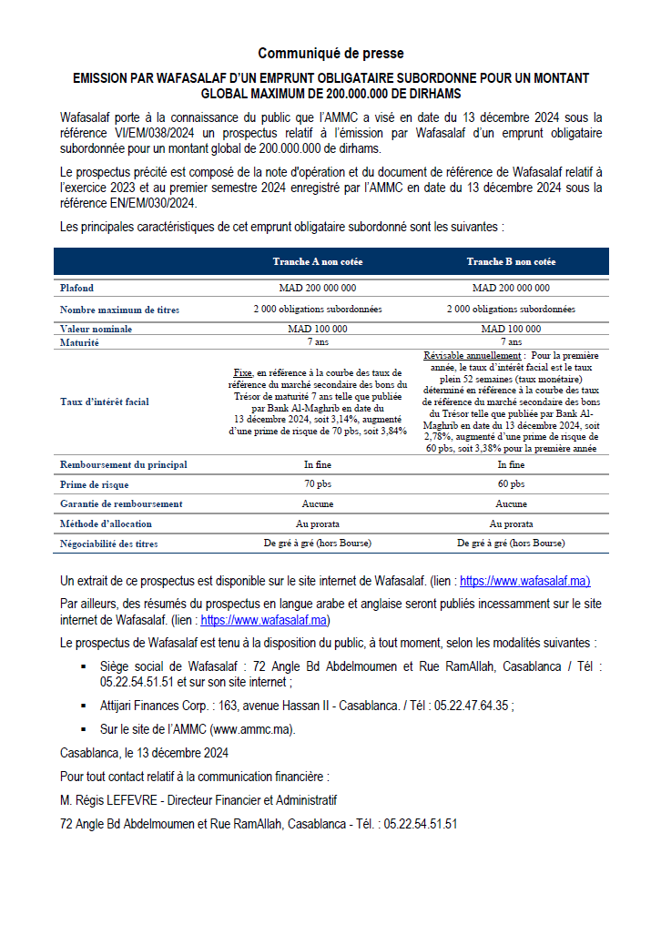 Communiqué de presse relatif à l’EMISSION DE L’EMPRUNT OBLIGATAIRE SUBORDONNE DE WAFASALAF 