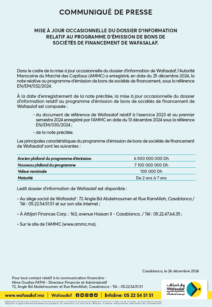 Communiqué de presse relatif au programme d’émission de bons de sociétés de financement de Wafasalaf