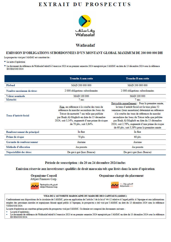 EXTRAIT DU PROSPECTUS Relatif à l'émission de l’emprunt obligataire subordonné