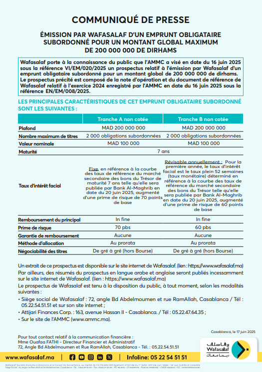 CP DE L’EMPRUNT OBLIGATAIRE SUBORDONNE DE WAFASALAF 