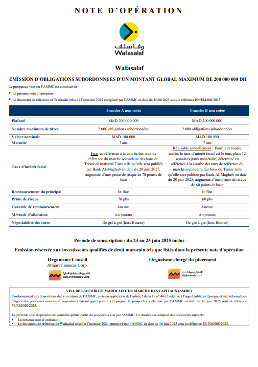 Note d’opération de l’émission Obligataire Subordonnée