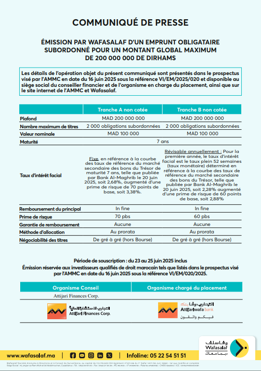 Communiqué de Presse relatif à la publication du taux d'intérêt facial de l'EOS de WAFASALAF