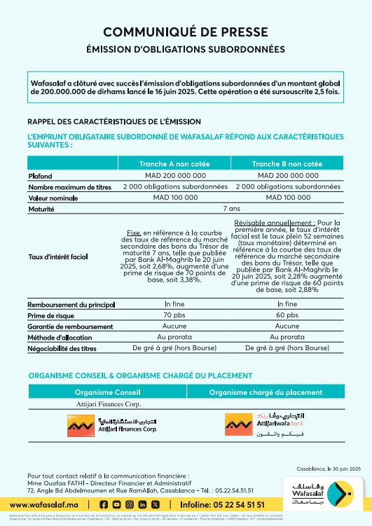 RESULTAT DE L’EMISSION OBLIGATAIRE SUBORDONNEE 2025