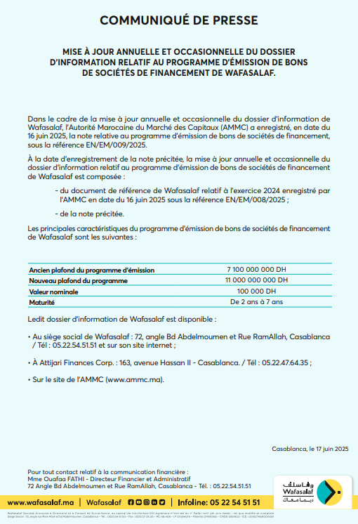 CP MAJ ANNUELLE ET OCCASIONNELLE DU DOSSIER D'INFORMATION DU PROGRAMME D'EMISSION DES BSF DE WAFASALAF